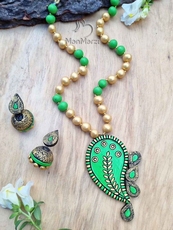 Magnificent Handmade Leafy Green & Golden Terracotta  Jewellery Set