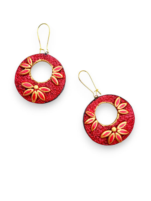Artisanal Crescent Terracotta Earrings with Delicate Floral Motif