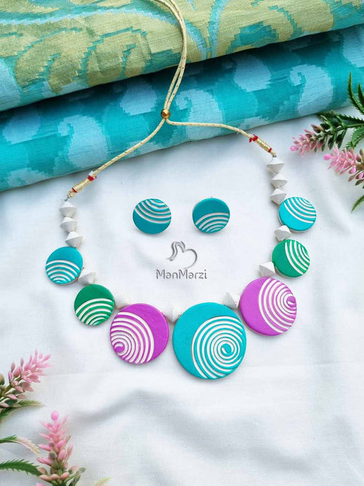 Crafted Whirls- Handmade Terracotta Jewelry Set of Rounds with Intricate Spirals