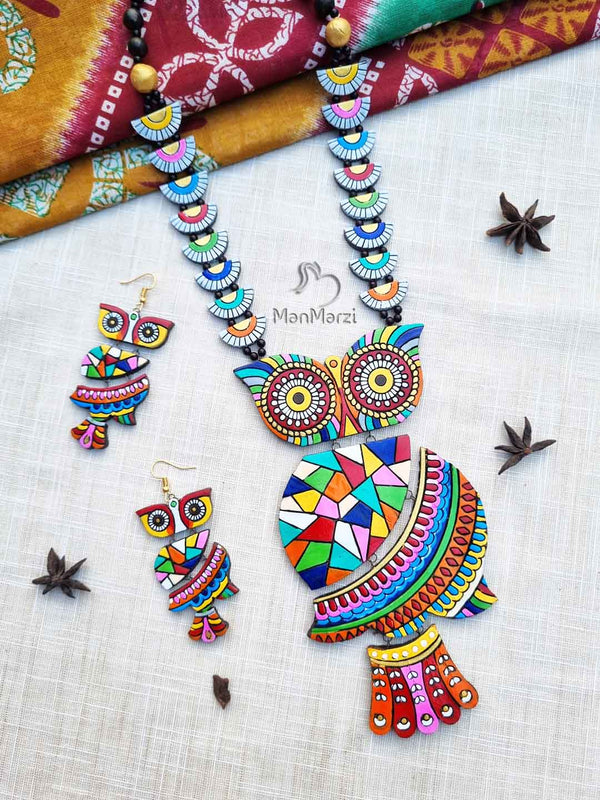 Wisdom in Color- Handcrafted Vibrant Owl Terracotta Jewelry Set