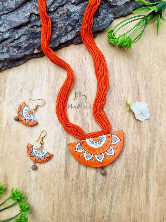 Crescent Moon Blooms- Handcrafted Terracotta Jewelry Set with Floral Charm