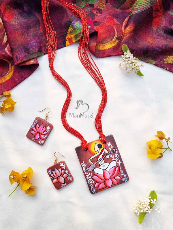 Hand-painted Maa Saraswati Terracotta Jewelry Set
