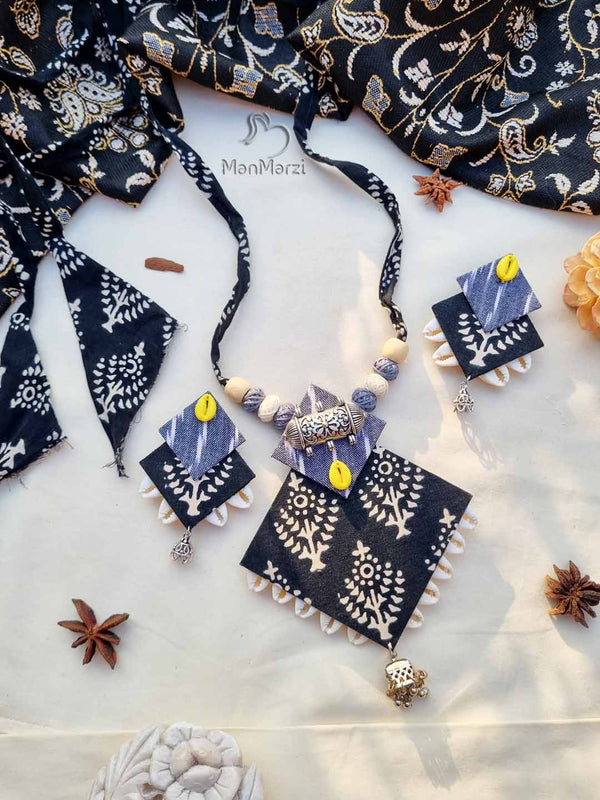 Handmade Multicolour Geometric Fabric Jewelry Set with Unique Patterns & Shell Work
