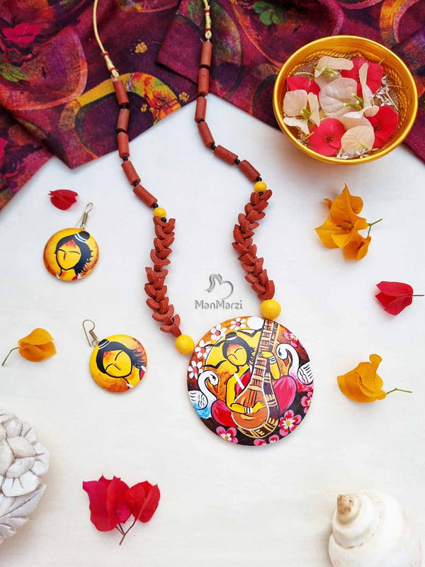 Spiritual Symphonies- Hand-Painted Maa Saraswati Devi Terracotta Jewelry Set