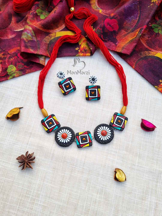 Blooming Affection: Multicolored Terracotta Jewelry Set with Floral Charm | Manmarzi