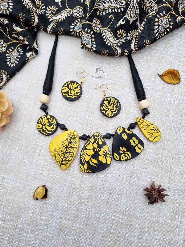 Sunburst Splendor- Handmade Yellow & Black Terracotta Jewelry Set Inspired By Earth's Beauty