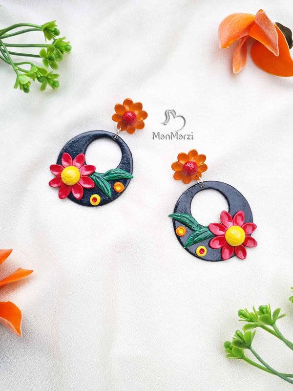 Blossoming Crescent- Multicolor Floral Polymer Clay Earrings For Women