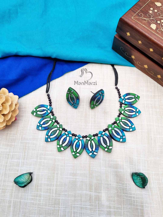 Mystical Aurora: Hand-Painted Blue & Green Terracotta Jewelry Set