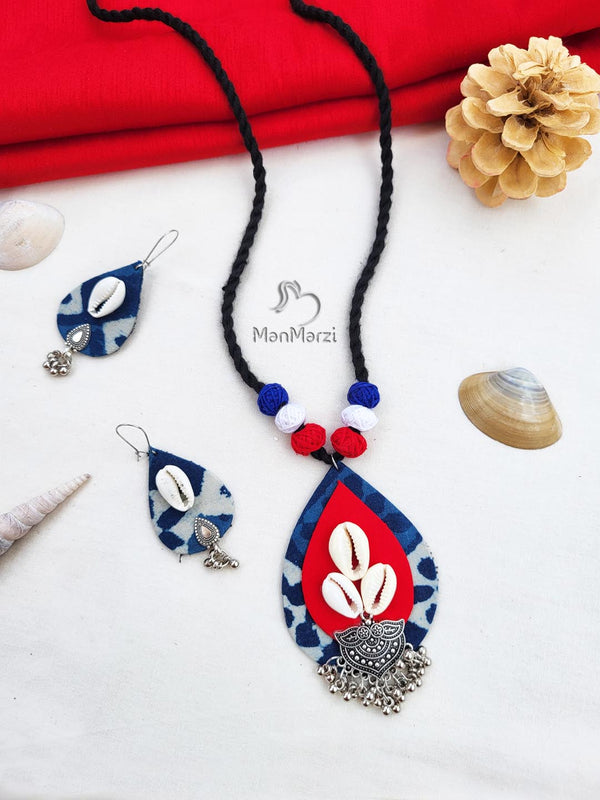 Handmade Indigo Petal Fabric Jewellery Set With Oxidized Charm & Shell Work