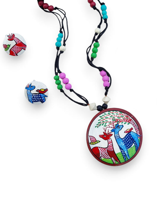 Maya Kanon Hand-painted Deer Couple Terracotta Jewellery Set | Manmarzi