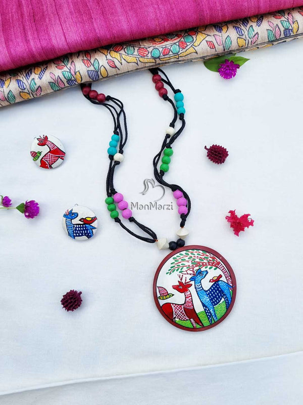 Maya Kanon Hand-painted Deer Couple Terracotta Jewellery Set | Manmarzi