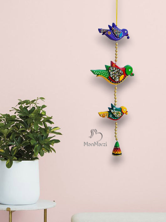 Aerial Ensemble- Hand-painted Terracotta Bird Family Wall Hanging for Home Decor