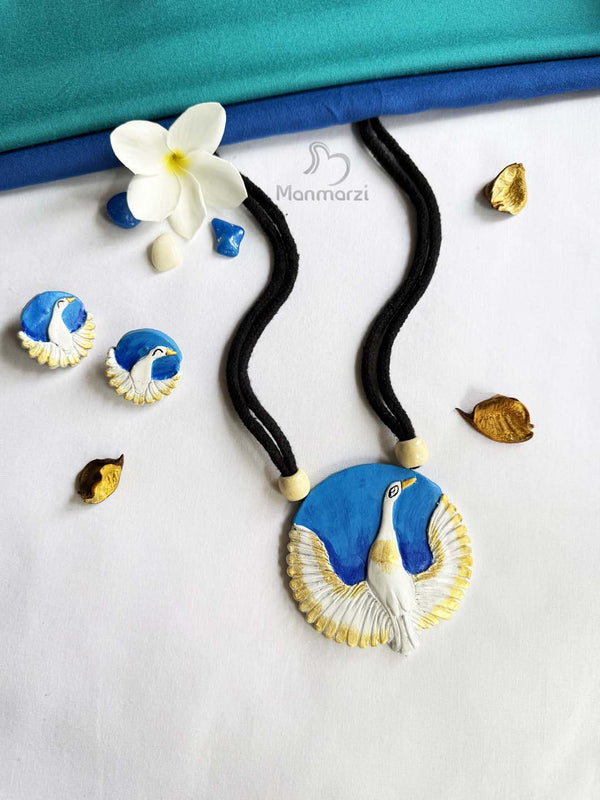 Hansika- Handcrafted Swan Terracotta Jewellery Set with Earstuds