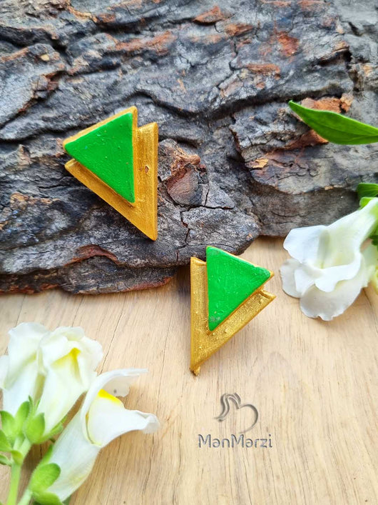 Handcrafted Green & Golden Triangle Terracotta Earstud Earrings