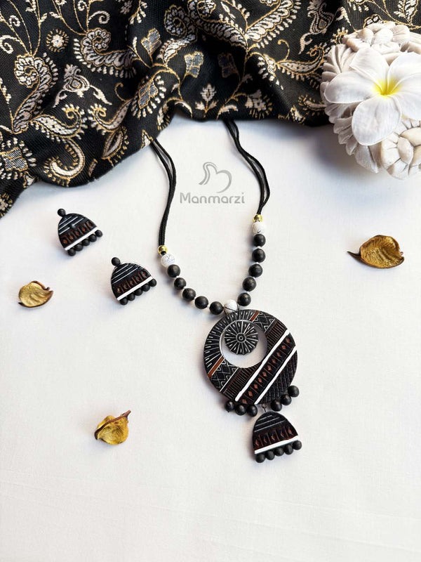 Meghali- Handcrafted Black Terracotta Jewellery Set With Intricate Detailing