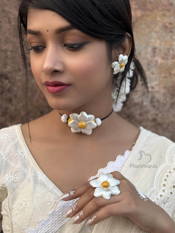 Kumudini- Handcrafted White Floral Polymer Clay Choker Earrings & Ring Set