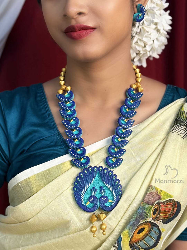Leela- Exclusive  Blue Peacock Pair Terracotta Jewellery Set | Manmarzi