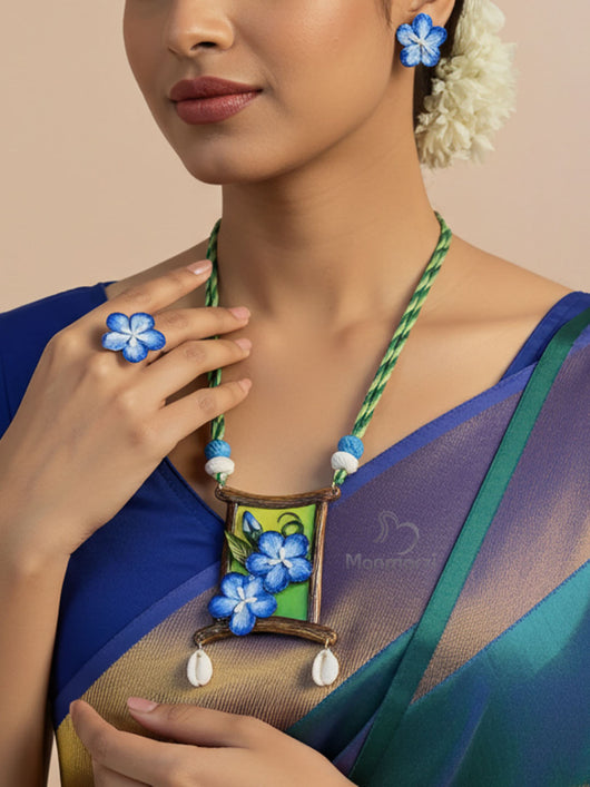 Neelambari- Blue Flower Neckpiece Earrings & Ring Set | Manmarzi