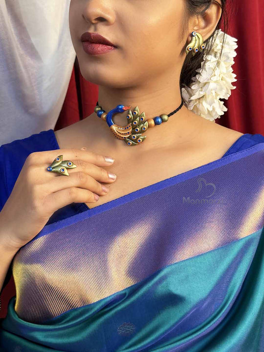 Neelkanthi- Handcrafted Peacock Polymer Clay Choker  | Manmarzi