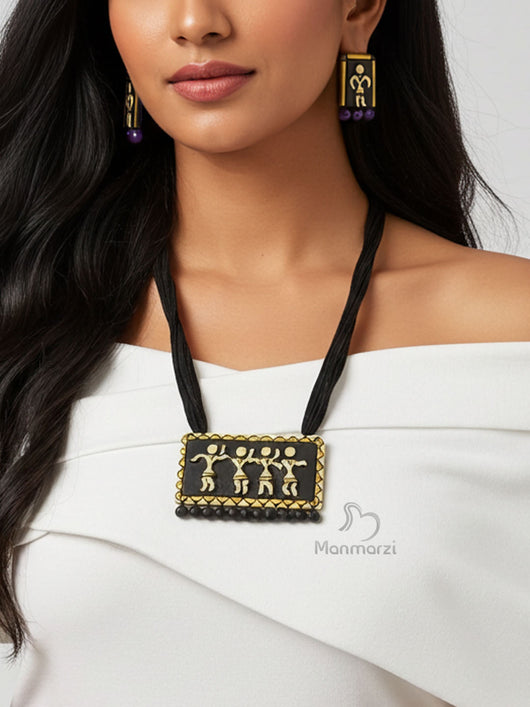 Nrityalok- Hand-painted Warli Terracotta  Jewellery Set With Earstud
