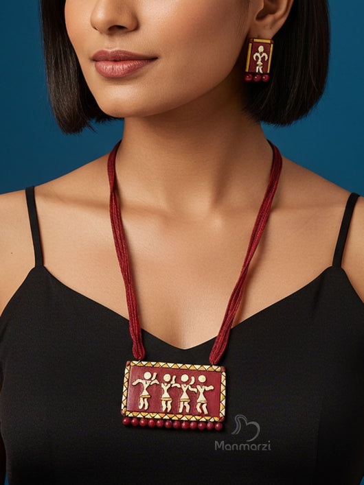 Nrityalok- Hand-painted Warli Terracotta  Jewellery Set With Earstud