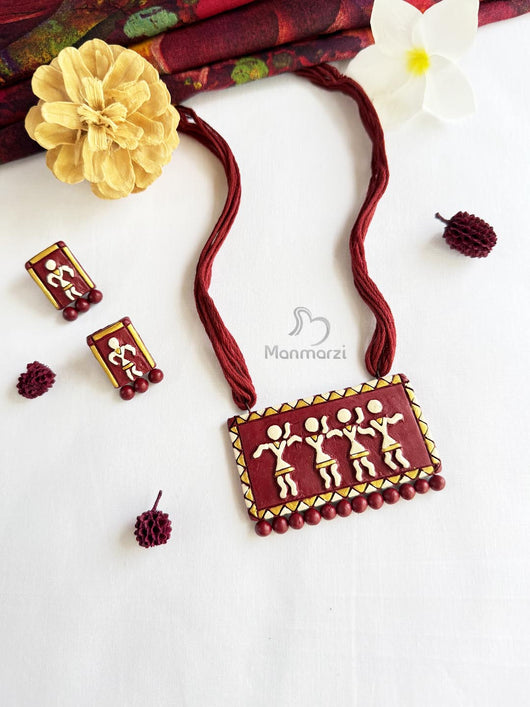 Nrityalok- Hand-painted Warli Terracotta  Jewellery Set With Earstud