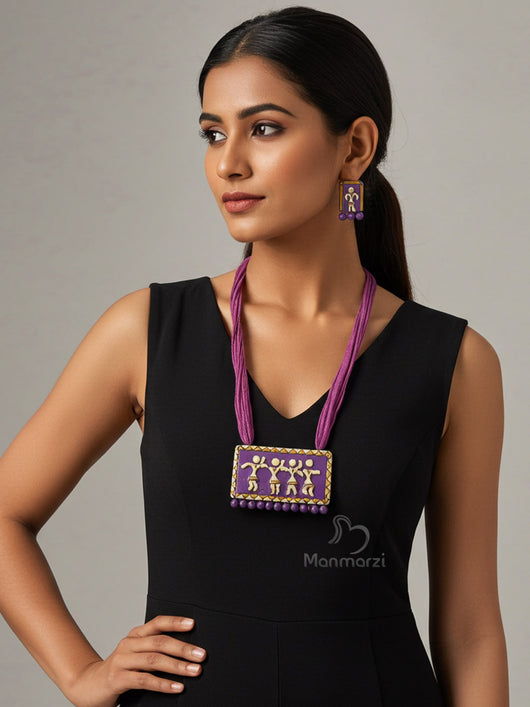 Nrityalok- Hand-painted Warli Terracotta  Jewellery Set With Earstud