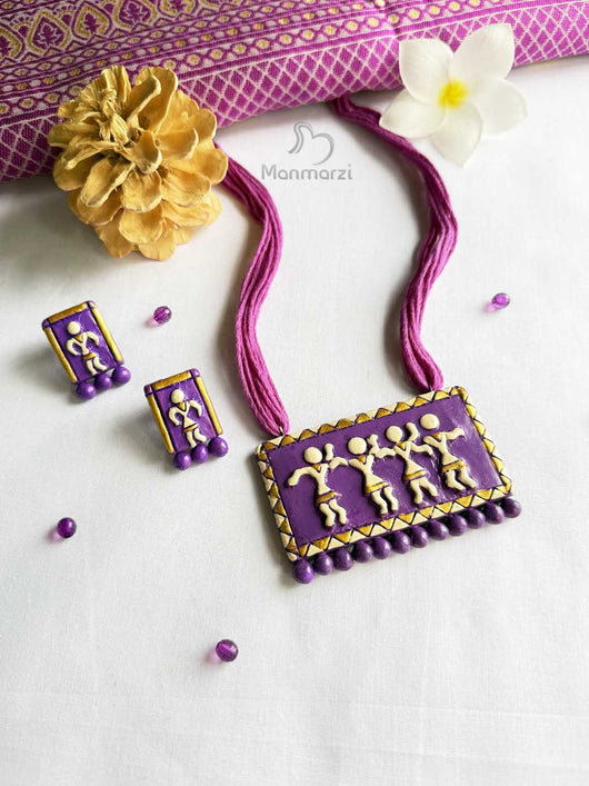 Nrityalok- Hand-painted Warli Terracotta  Jewellery Set With Earstud
