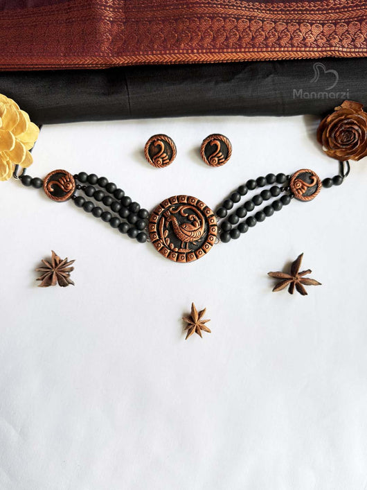 Rajnandini- Exclusive Handcrafted Black & Copper Terracotta Choker Set With Peacock Motif