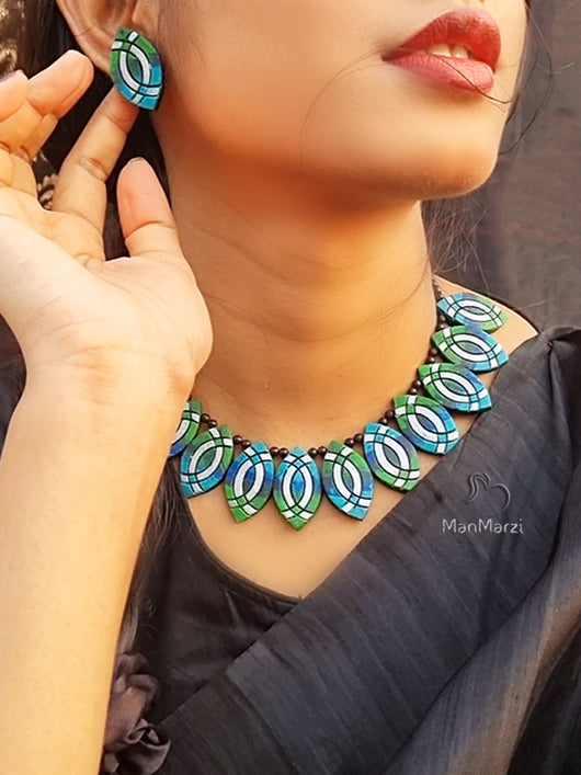 Mystical Aurora- Hand-painted Blue & Green Terracotta Jewellery Set with Earstuds