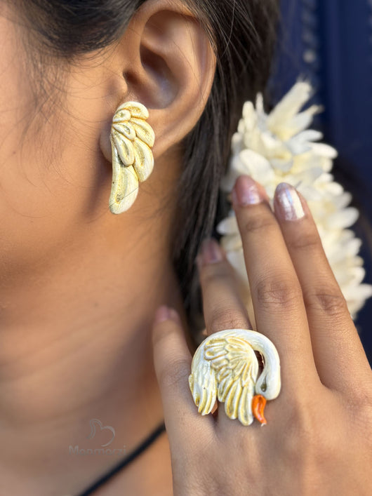Swan Polymer Clay Jewellery Set With Earrings & Finger Ring | Manmarzi