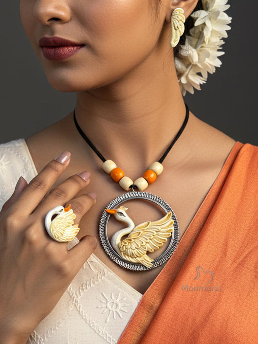 Swan Polymer Clay Jewellery Set With Earrings & Finger Ring | Manmarzi
