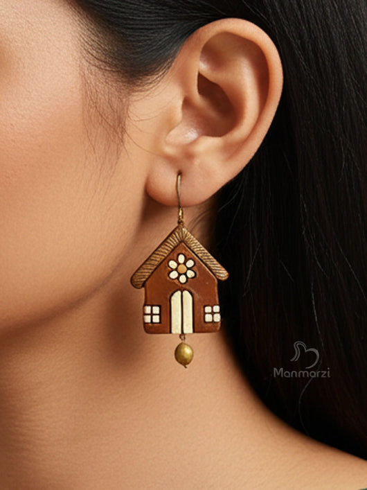 Sweet Home- Handcrafted Brown Cottage Terracotta Earrings | Manmarzi