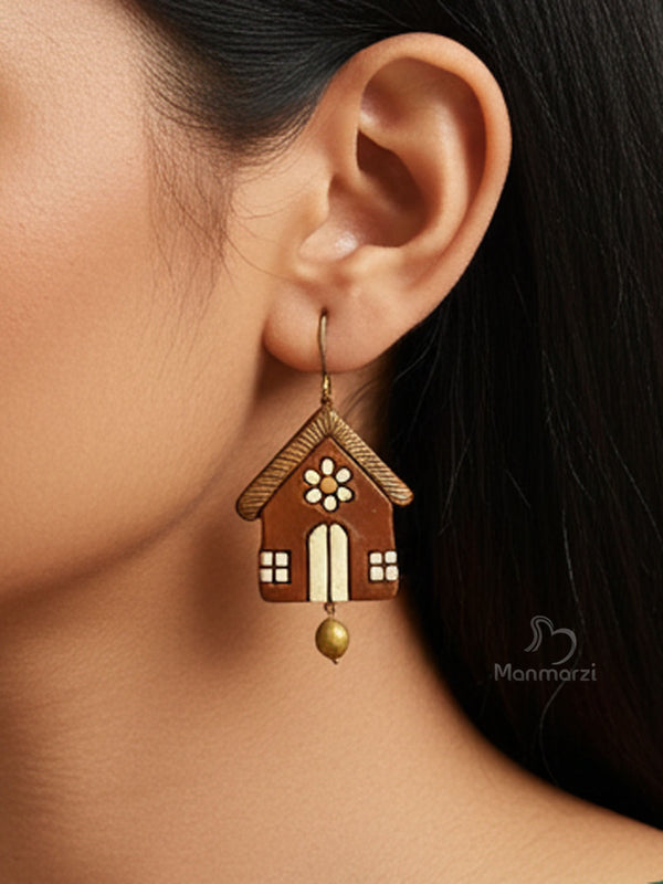 Sweet Home- Handcrafted Brown Cottage Terracotta Earrings | Manmarzi