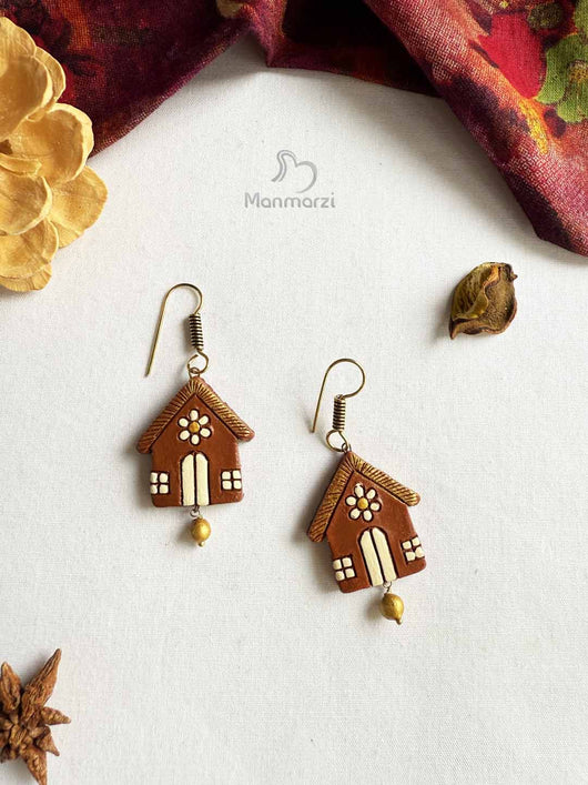 Sweet Home- Handcrafted Brown Cottage Terracotta Earrings | Manmarzi