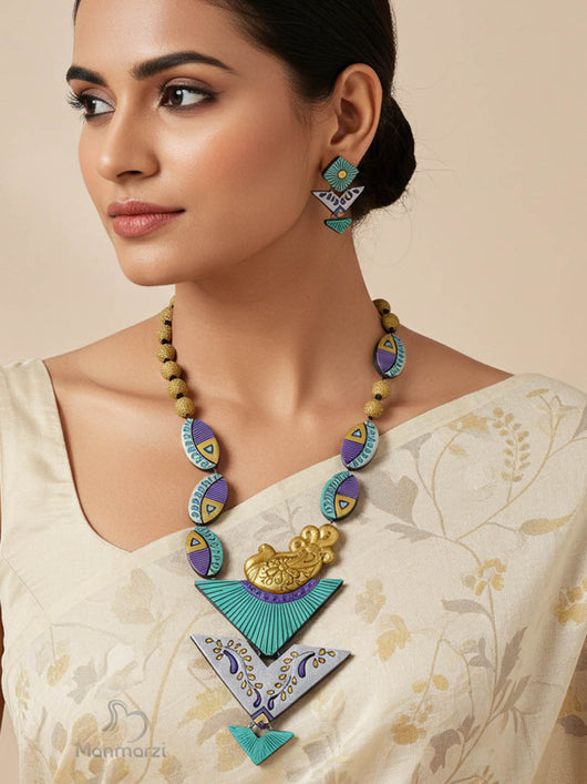 Vanya- Handcrafted Majestic Peacock Terracotta  Jewellery Set With Intricate Detailing