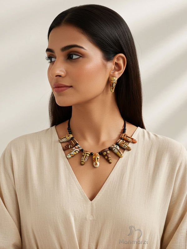 Adiva- Handcrafted Tribal Mukhauta Terracotta Jewellery Set In Earthy Tones