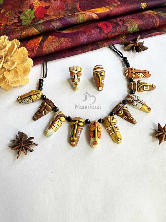 Adiva- Handcrafted Tribal Mukhauta Terracotta Jewellery Set In Earthy Tones