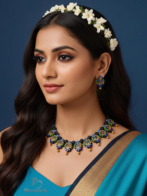 Manmayuri- Handcrafted Multicolour Terracotta Jewellery Set With Peacock Motif
