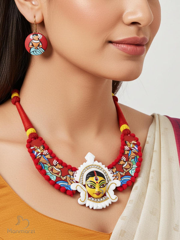 Bhavani- Handmade Durga Mukha Terracotta Jewellery Set With Pattachitra Art