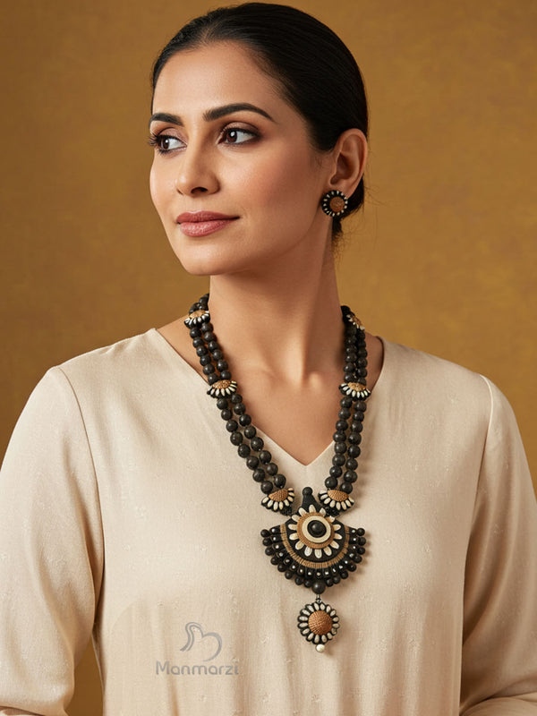 Kalavati- Exclusive Black Terracotta Jewellery Set With Copper & White Detailing