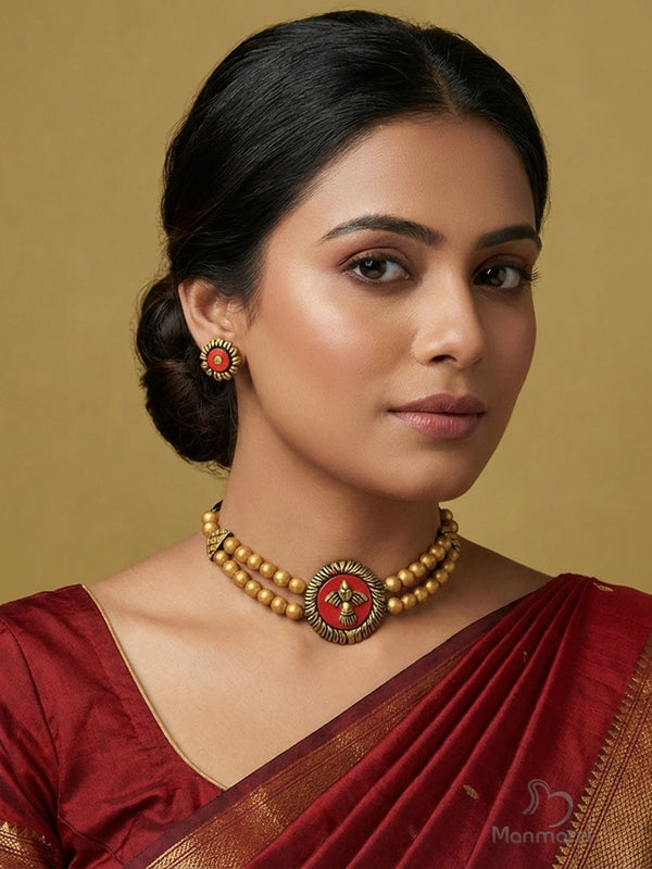 Hemangi- Handcrafted Classic Golden Terracotta Choker With Bird Motif | Manmarzi