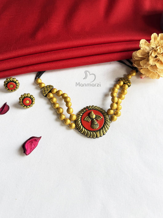 Hemangi- Handcrafted Classic Golden Terracotta Choker With Bird Motif | Manmarzi