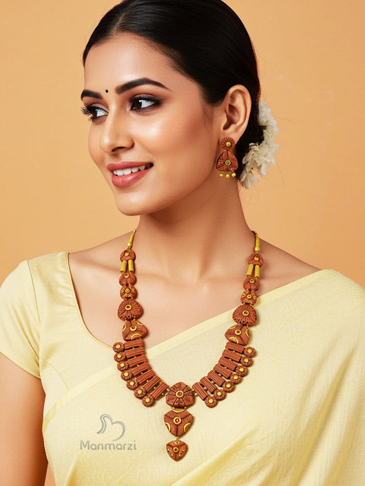 Kalakriti- Exclusive Brown Terracotta Jewellery Set With Intricate Design & Golden Detailing