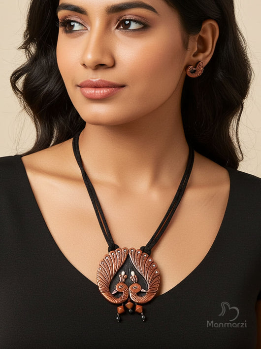 Roopkatha- Black & Copper Peacock Terracotta Jewellery Set | Manmarzi