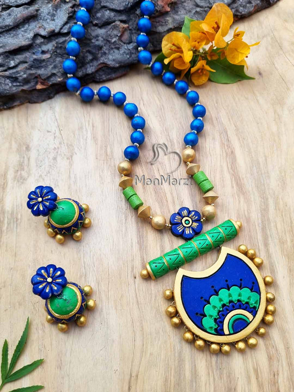Exclusive Designer Handcrafted Blue & Green Long Terracotta  Jewellery Set