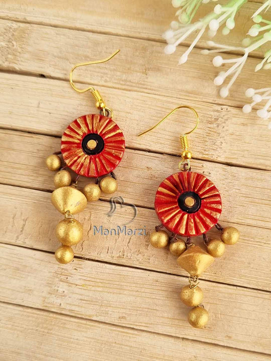 Exclusive Handcrafted Floral Terracotta Earrings With Hanging Beads