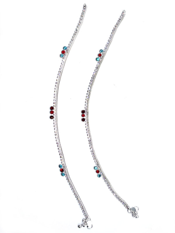 Set of 2 Silver Plated Multi Coloured Stone Studded Anklets