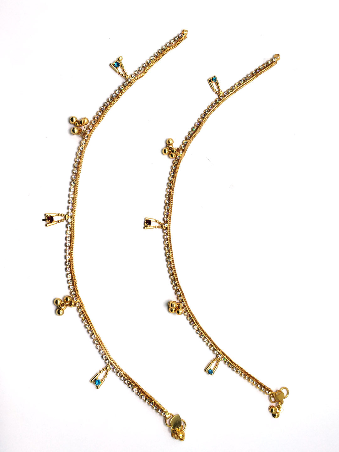 Set of 2 Gold Plated  Multi Coloured Stone Studded Charm Anklets