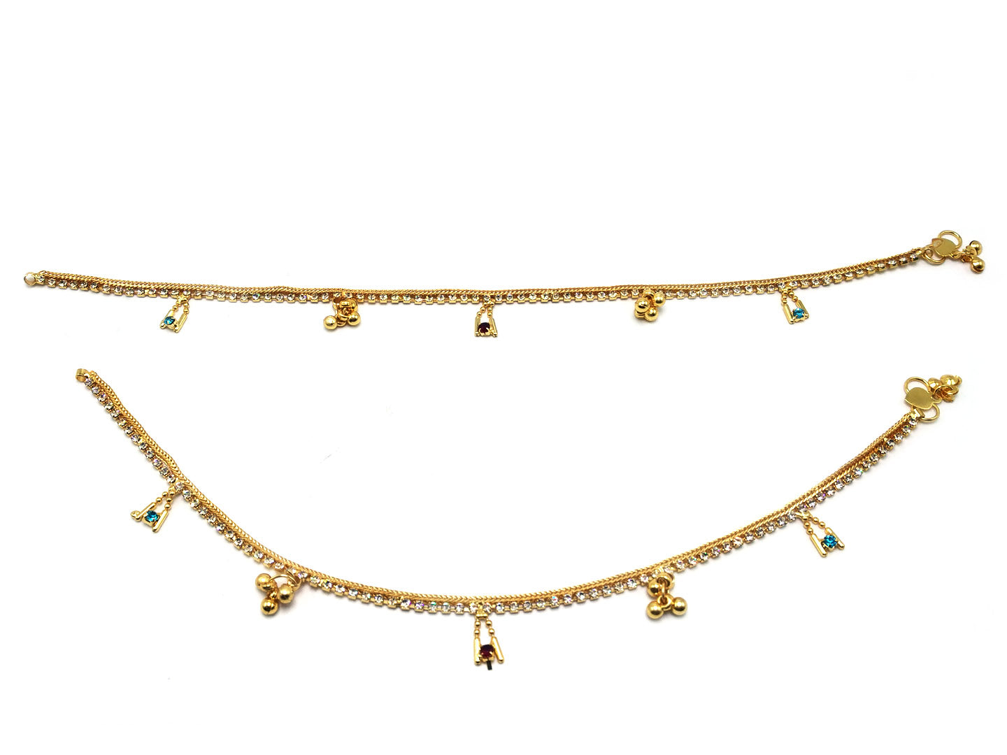 Set of 2 Gold Plated  Multi Coloured Stone Studded Charm Anklets